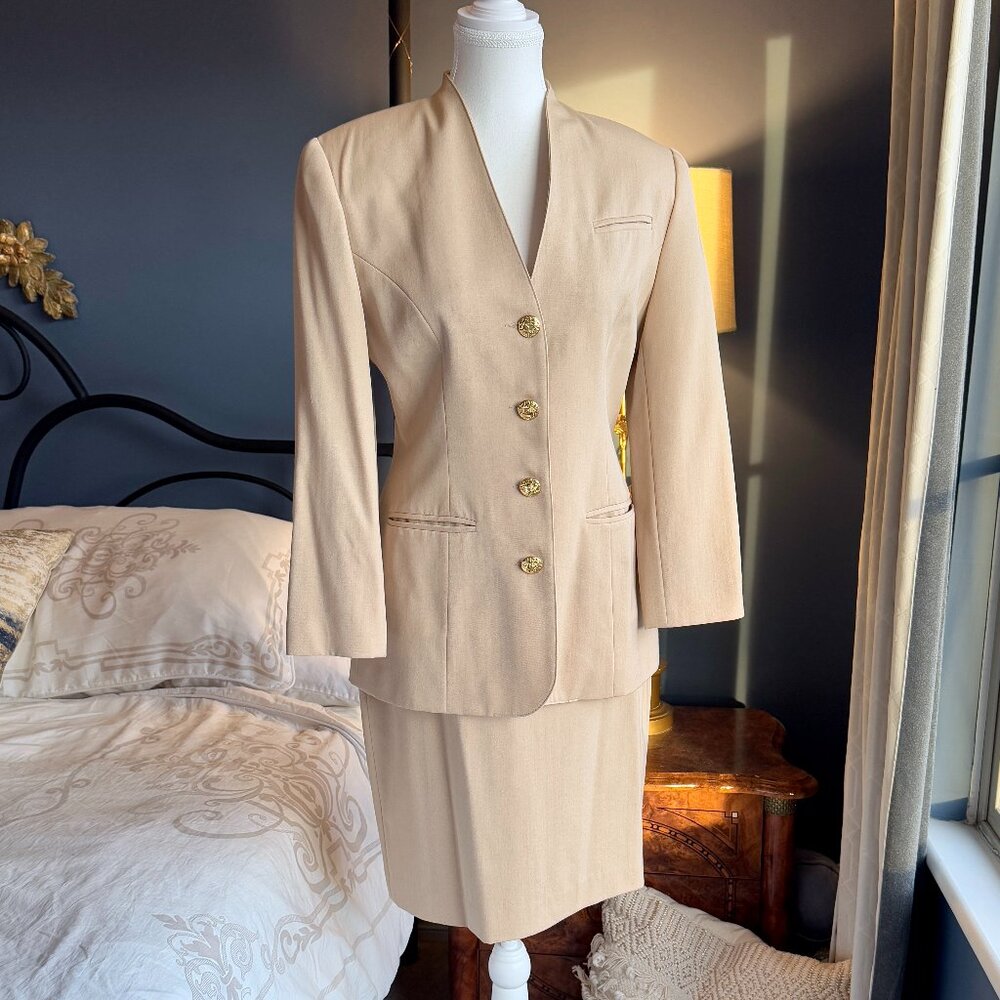 Vintage 90s Beige Skirt Suit w Gold Buttons